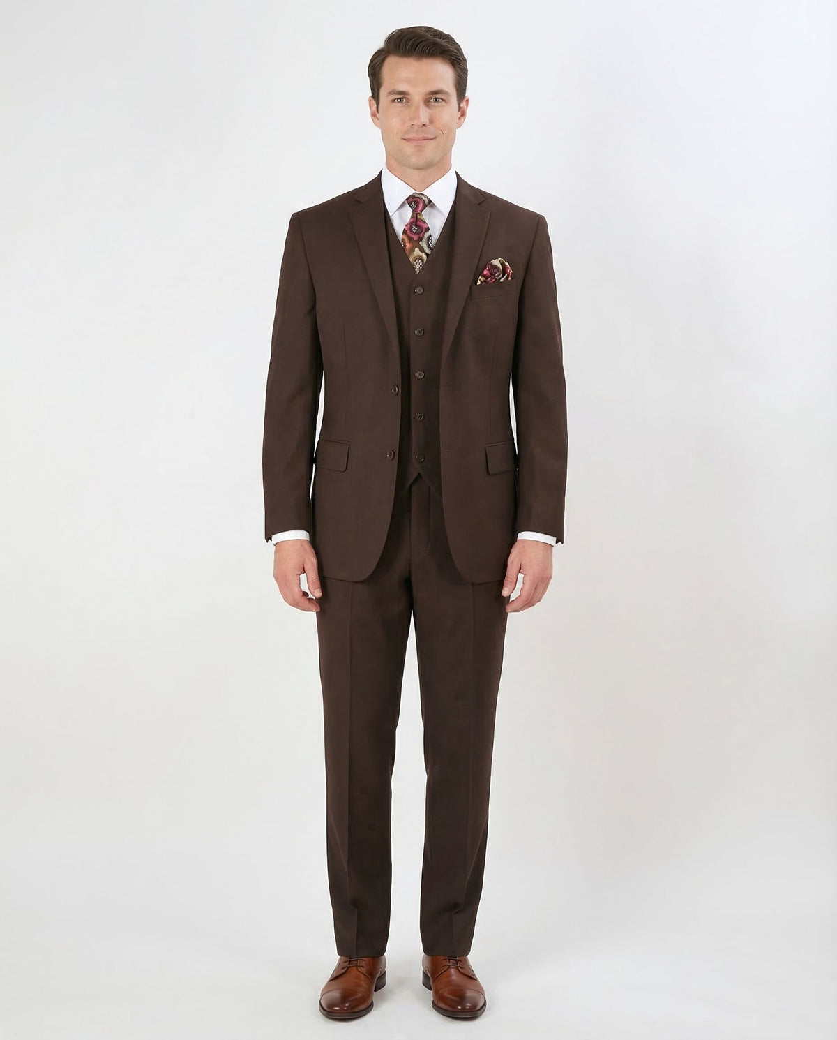 Men's Solid Brown Classic Fit 3-Piece Wool Suit