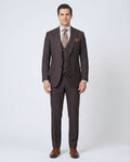 Men's Brown Plaid Regular Fit Wool 3-Piece Suit Peak Lapels