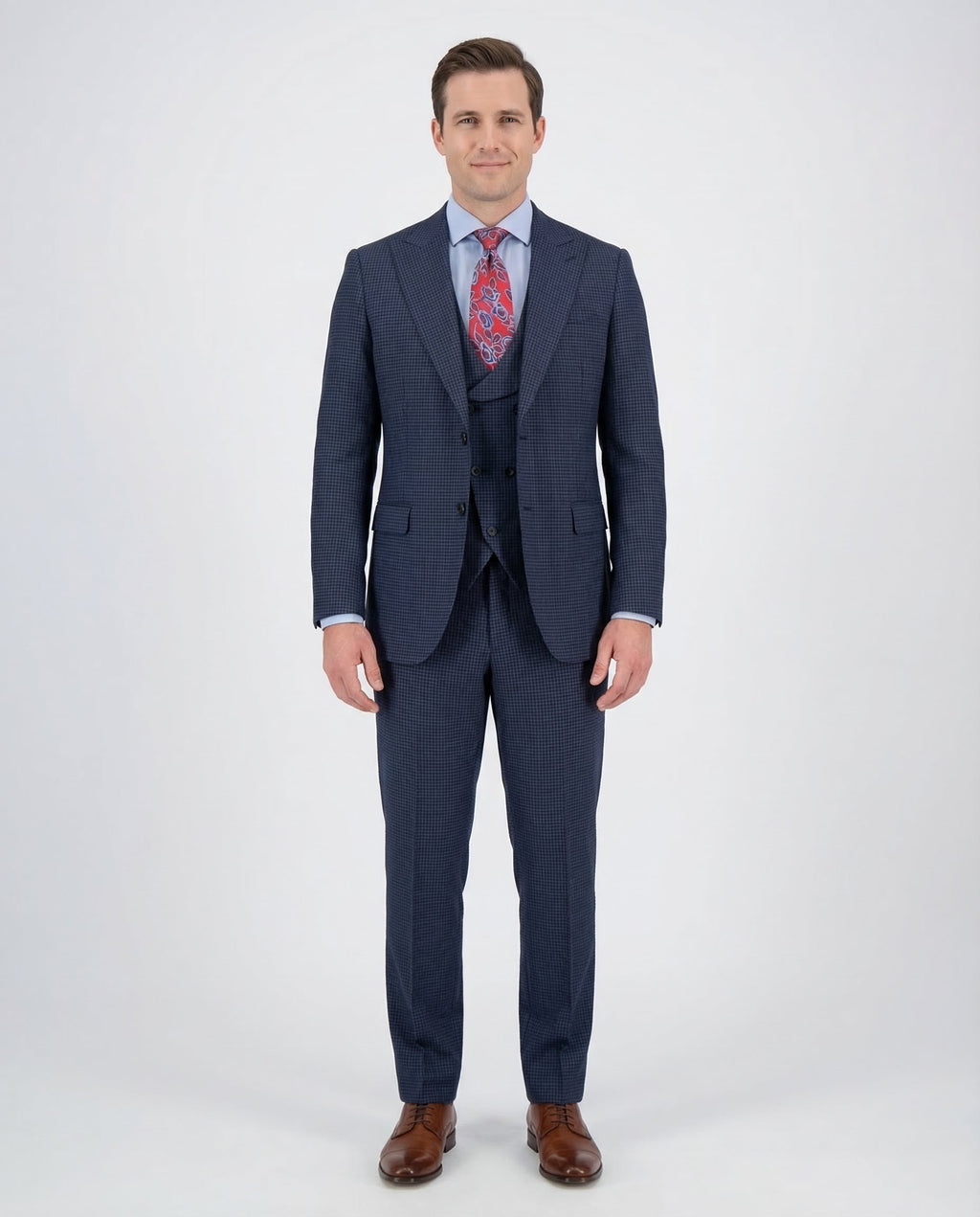 Men's Blue Check Regular Fit Wool 3-Piece Suit Peak Lapels