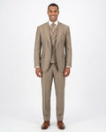 Men's Classic Fit Tan Wool 3-Piece Pleated Suit Peak Lapels