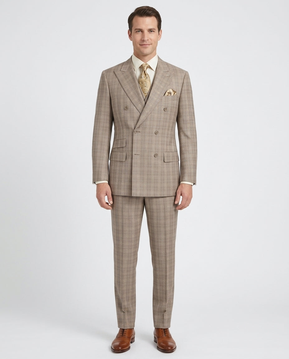 Men's Brown Plaid Classic Fit Wool Double Breasted 3-Piece Suit