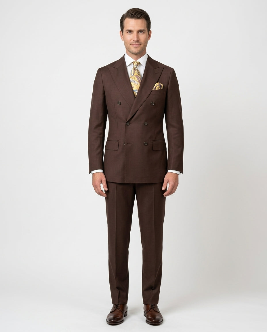 Men's Brown Classic Fit Wool Double Breasted 3-Piece Suit