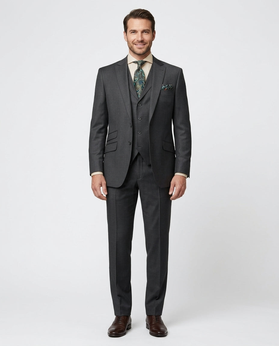 Men's Textured Charcoal Gray Classic Fit Peak Lapel 3-Piece Wool Suit
