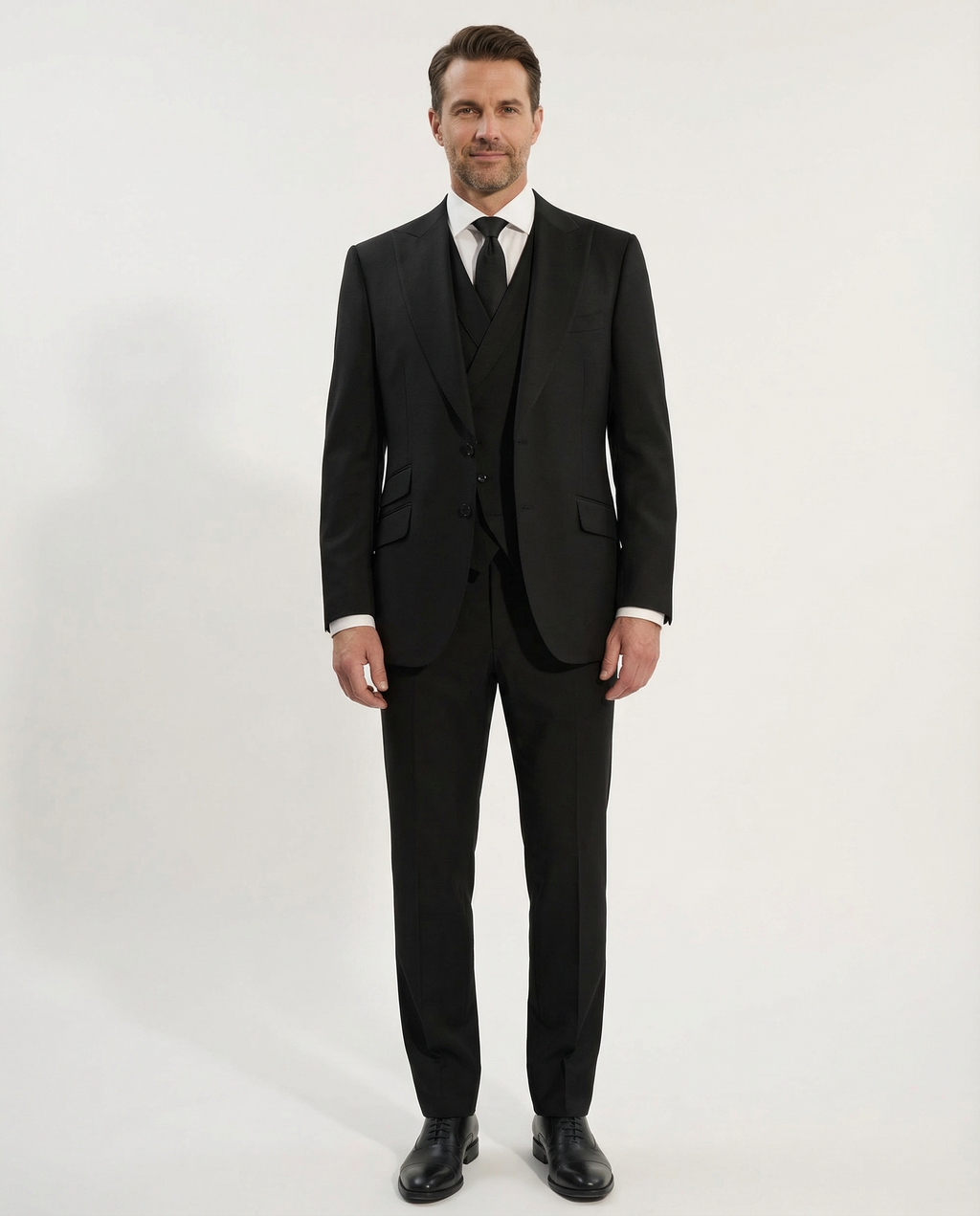Men's Solid Black Classic Fit Peak Lapel Wool 3-Piece Suit