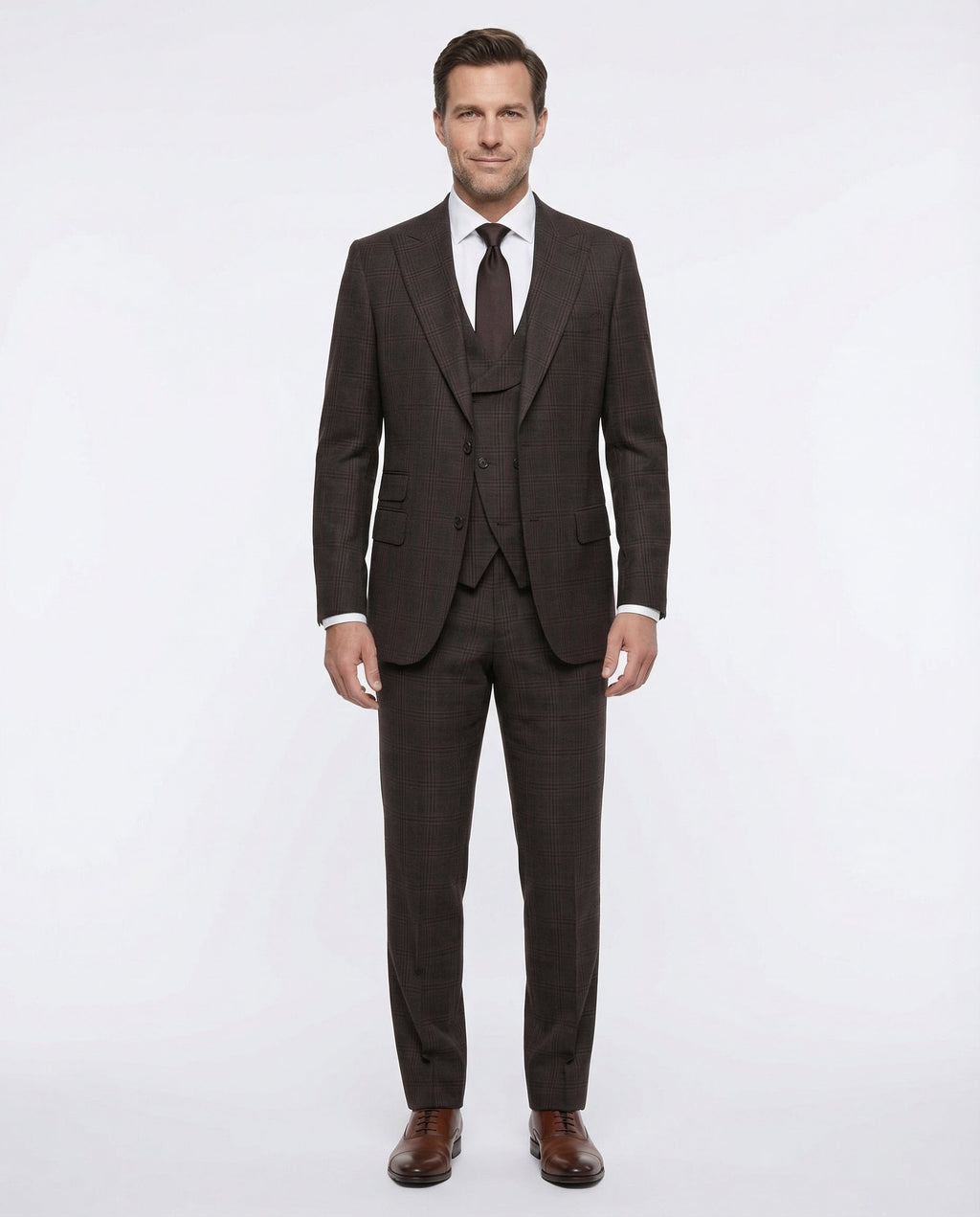Men's Brown Windowpane Classic Fit Peak Lapel Wool 3-Piece Suit