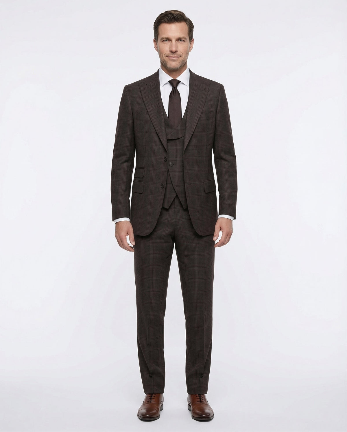 Men's Brown Windowpane Classic Fit Peak Lapel Wool 3-Piece Suit