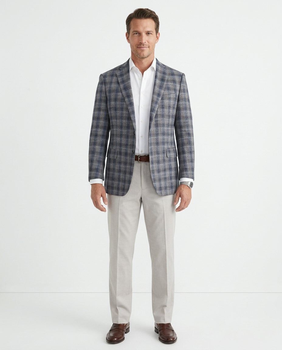 Men's Gray Blue Plaid Regular Fit Wool Blend Blazer Sport Coat