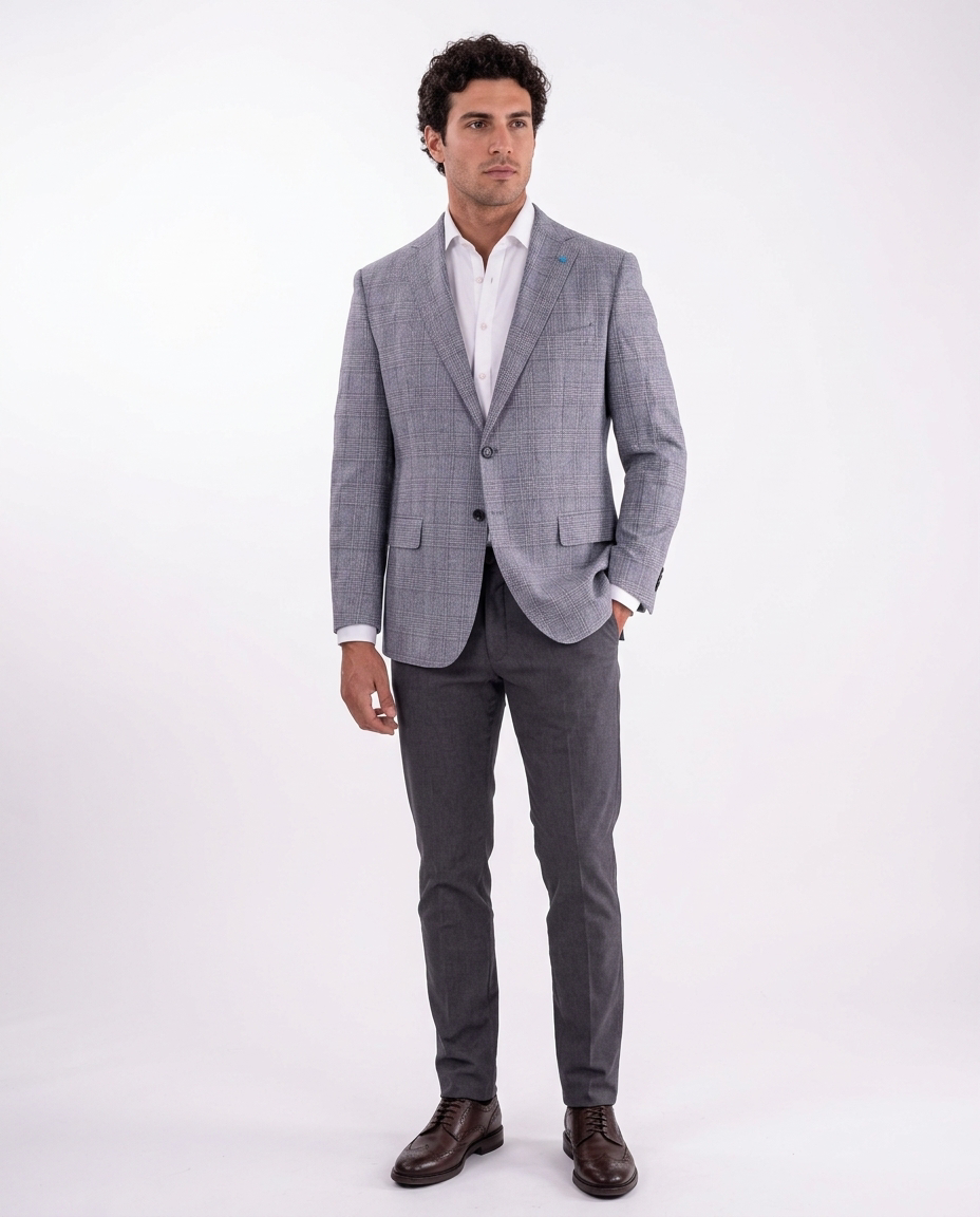 Men's Gray & Blue Plaid Classic Fit Silk Wool Blazer Sport Coat