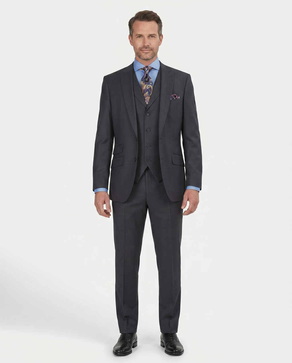 Men's Charcoal Striped Peak Lapel Classic Fit 3-Piece Wool Suit