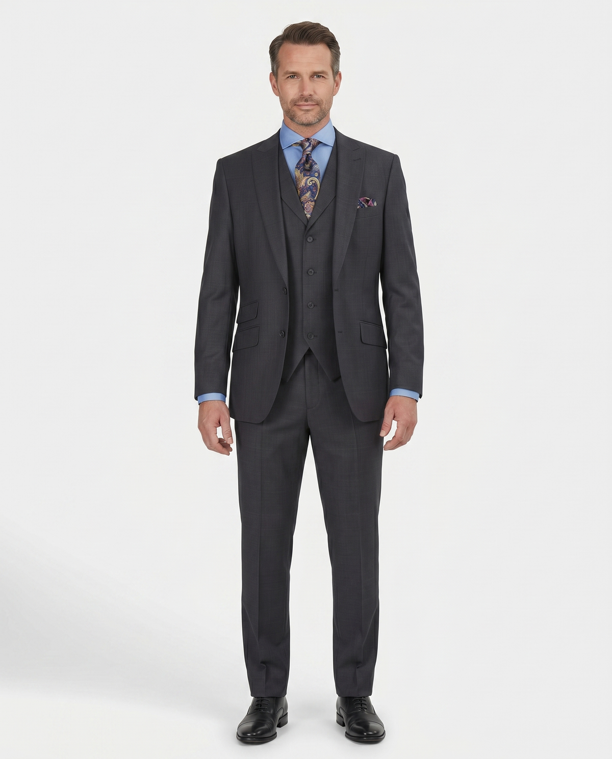 Men's Charcoal Striped Peak Lapel Classic Fit 3-Piece Wool Suit