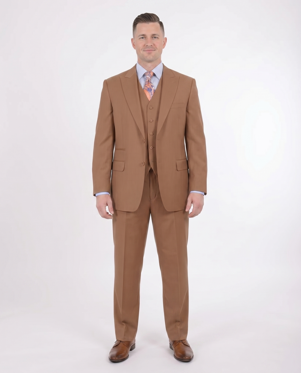 Men's Solid Brown 3-Piece Wool Suit Peak Lapel