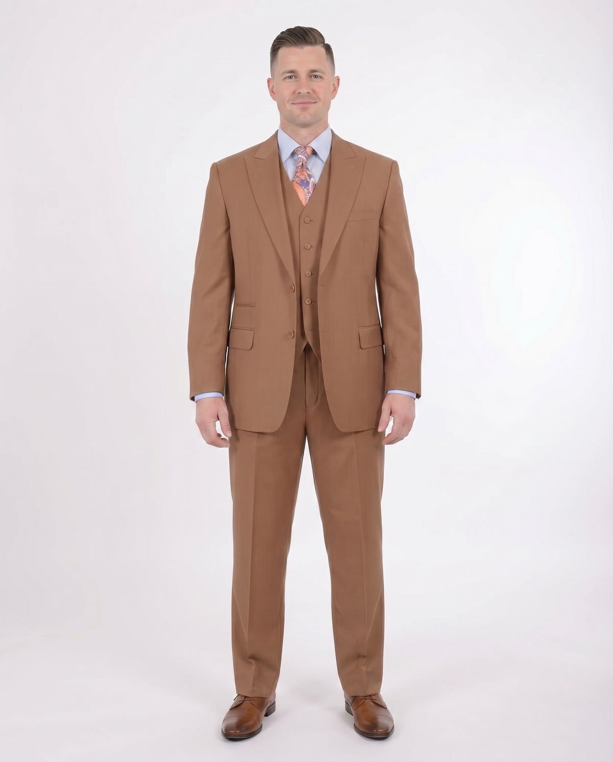 Men's Solid Brown 3-Piece Wool Suit Peak Lapel