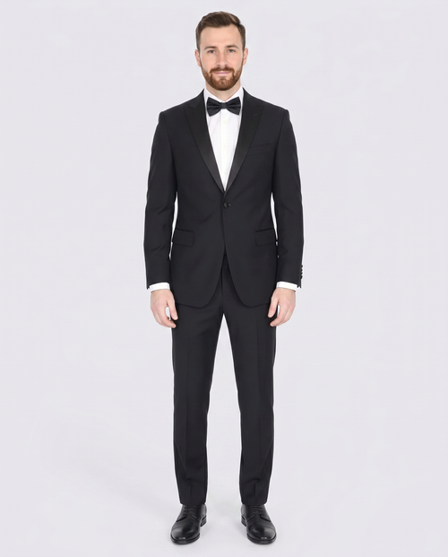 Men's Black Peak Lapel Wool Slim Fit Tuxedo
