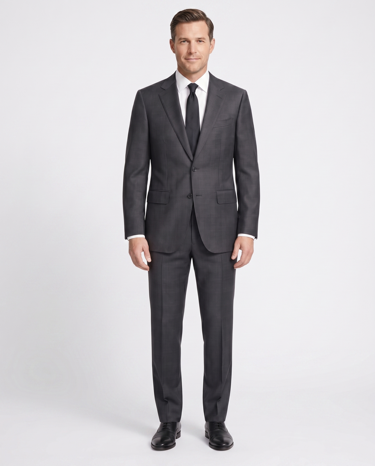 Men's Charcoal Gray Windowpane Slim Fit Wool 2-Button Suit