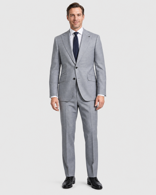 Men's Black Gabardine Solid Grey Slim Fit 2-Button Wool Suit
