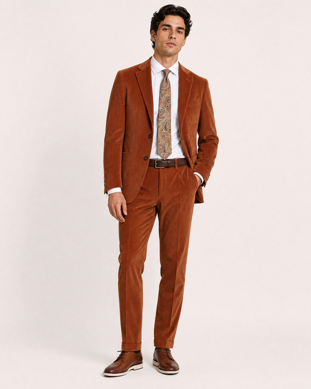 Men's Burnt Orange Corduroy Notch Lapel Slim Fit 3-Button Cotton Suit