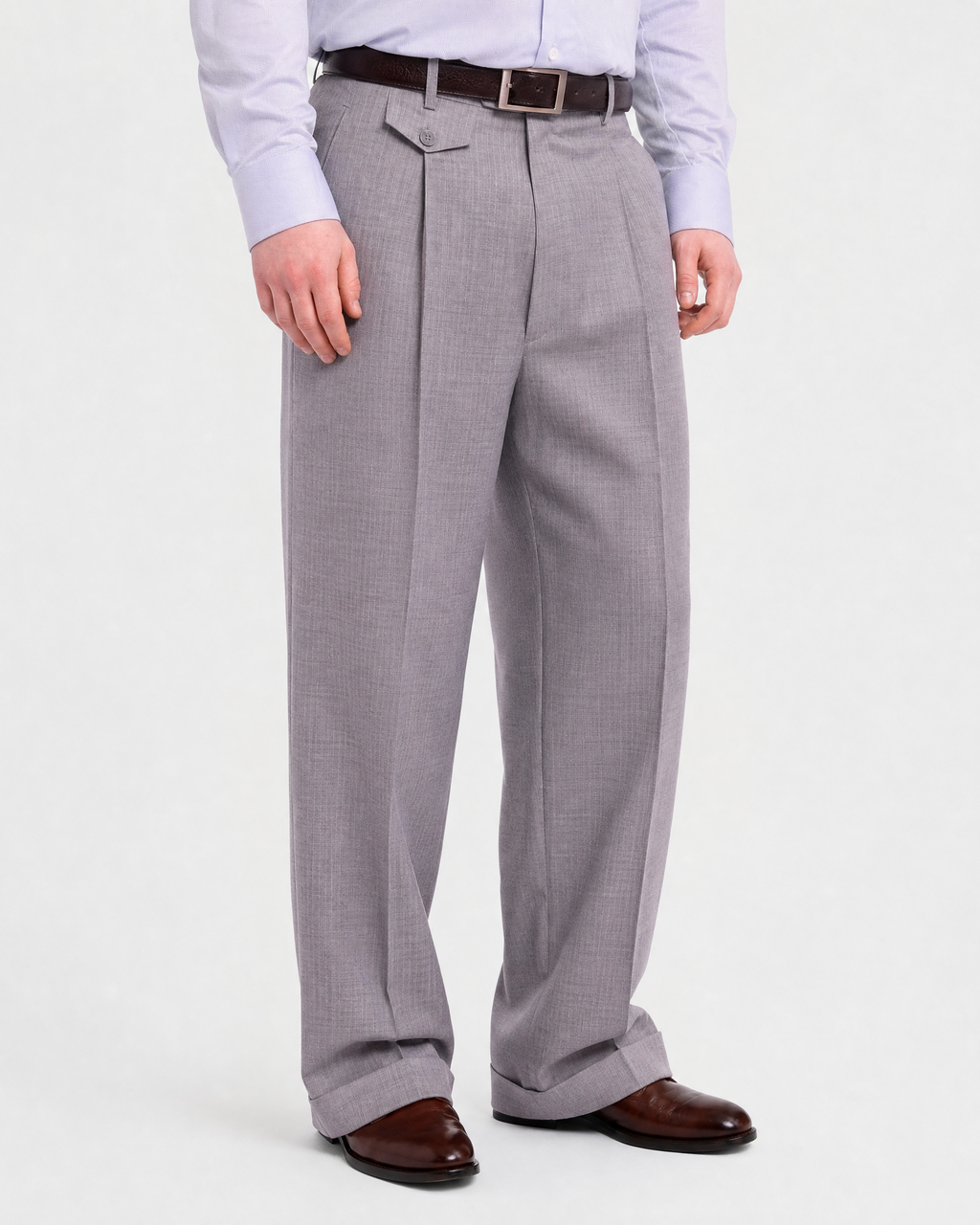 Men's Classic Fit Gray Pinstripe Pleated Wide Leg Wool Dress Pants