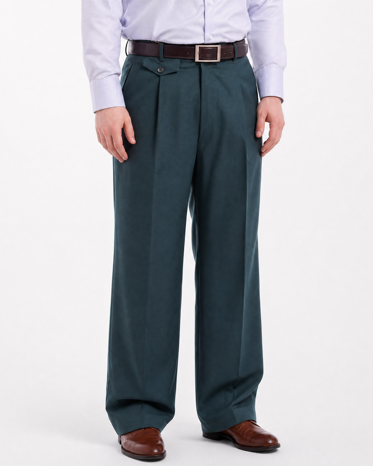 Men's Classic Fit Wide Leg Solid Blue Green Pleated Wool Dress Pants
