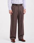 Men's Classic Fit Brown Herringbone Pleated Wide Leg Wool Dress Pants