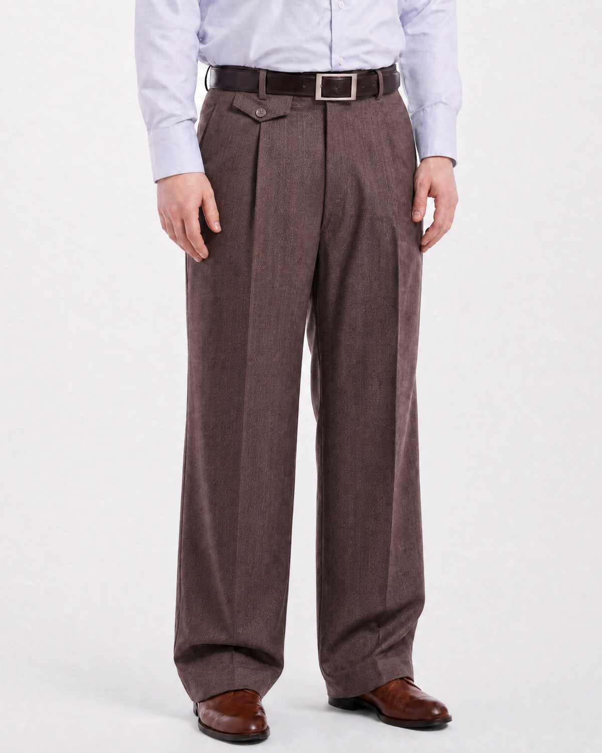 Men's Classic Fit Brown Herringbone Pleated Wide Leg Wool Dress Pants