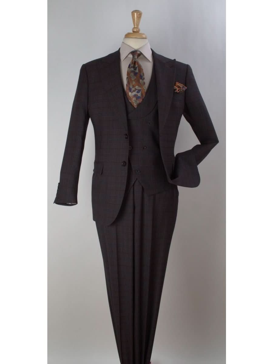 Men's Brown Plaid Regular Fit Wool 3-Piece Suit Peak Lapels – view 2