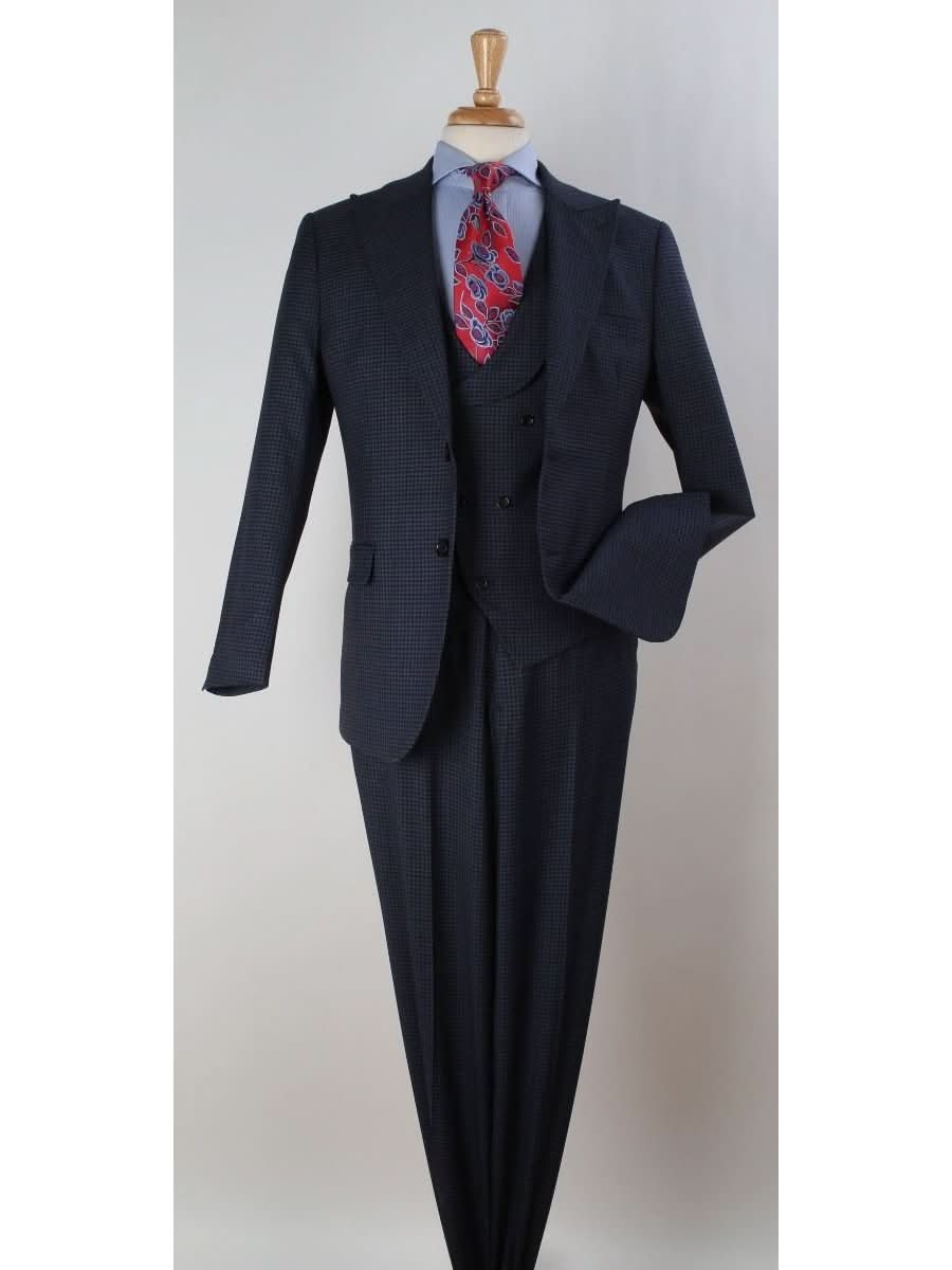 Men's Blue Check Regular Fit Wool 3-Piece Suit Peak Lapels – view 2