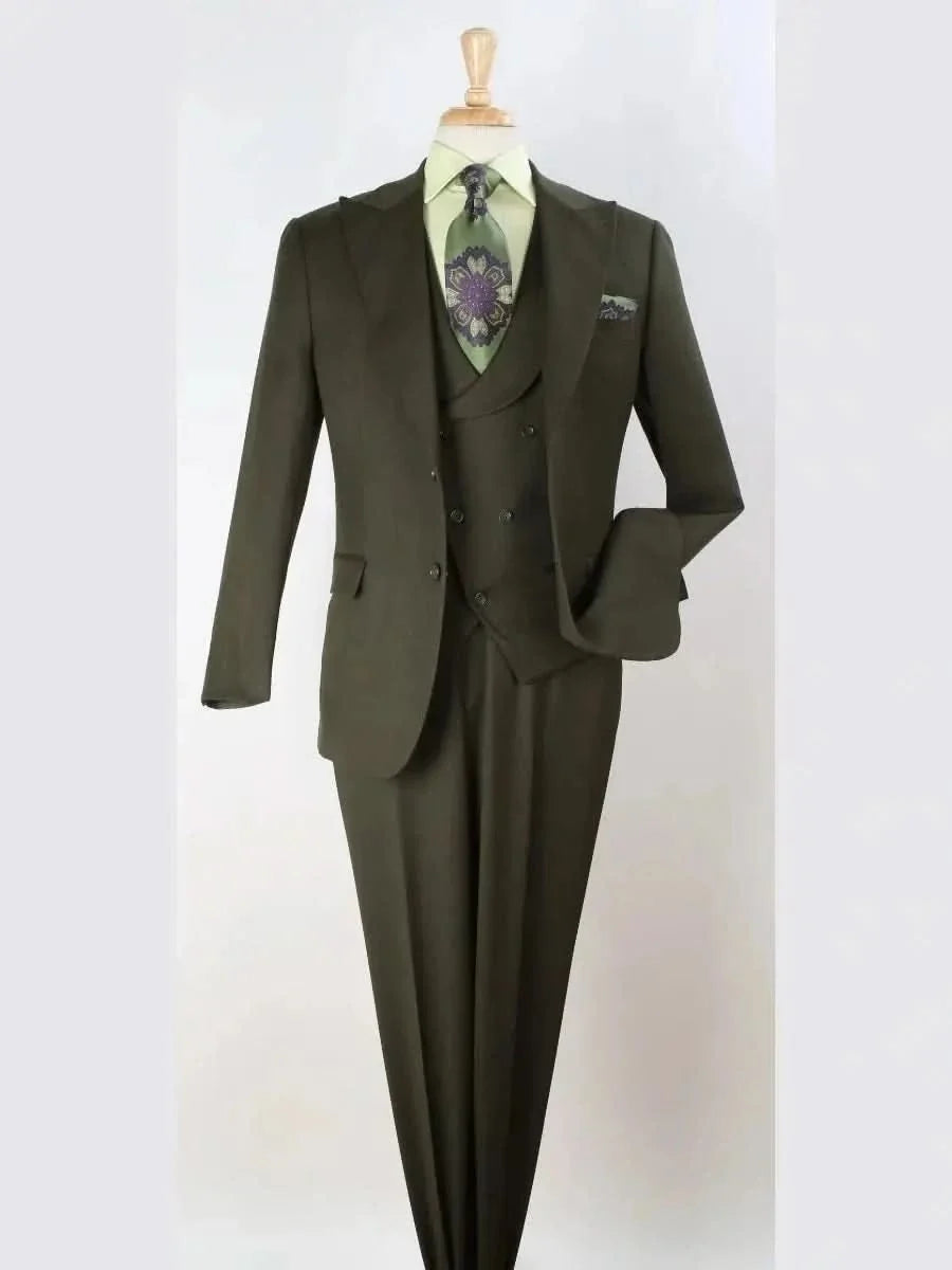 Men's Olive Green Regular Fit Wool 3-Piece Suit Peak Lapels – view 2