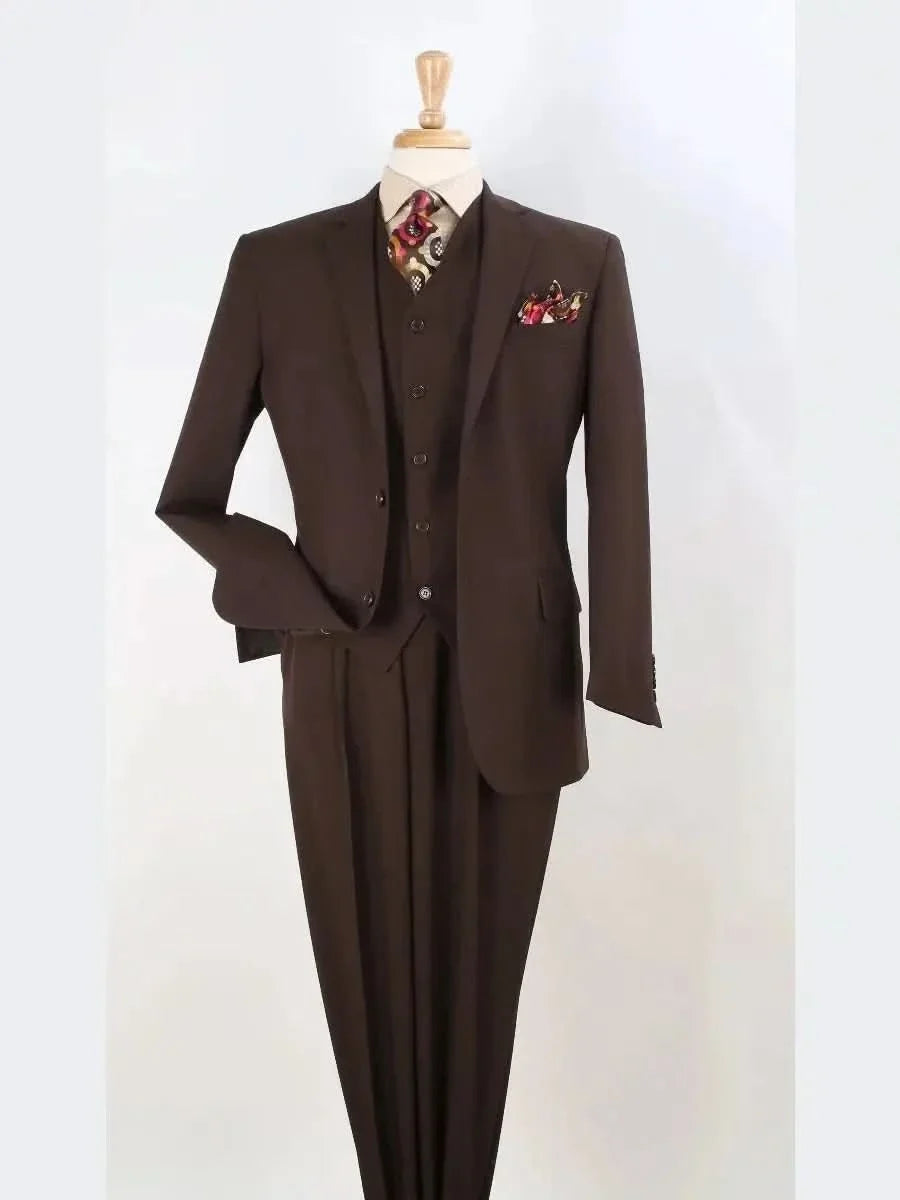 Men's Solid Brown Classic Fit 3-Piece Wool Suit – view 2