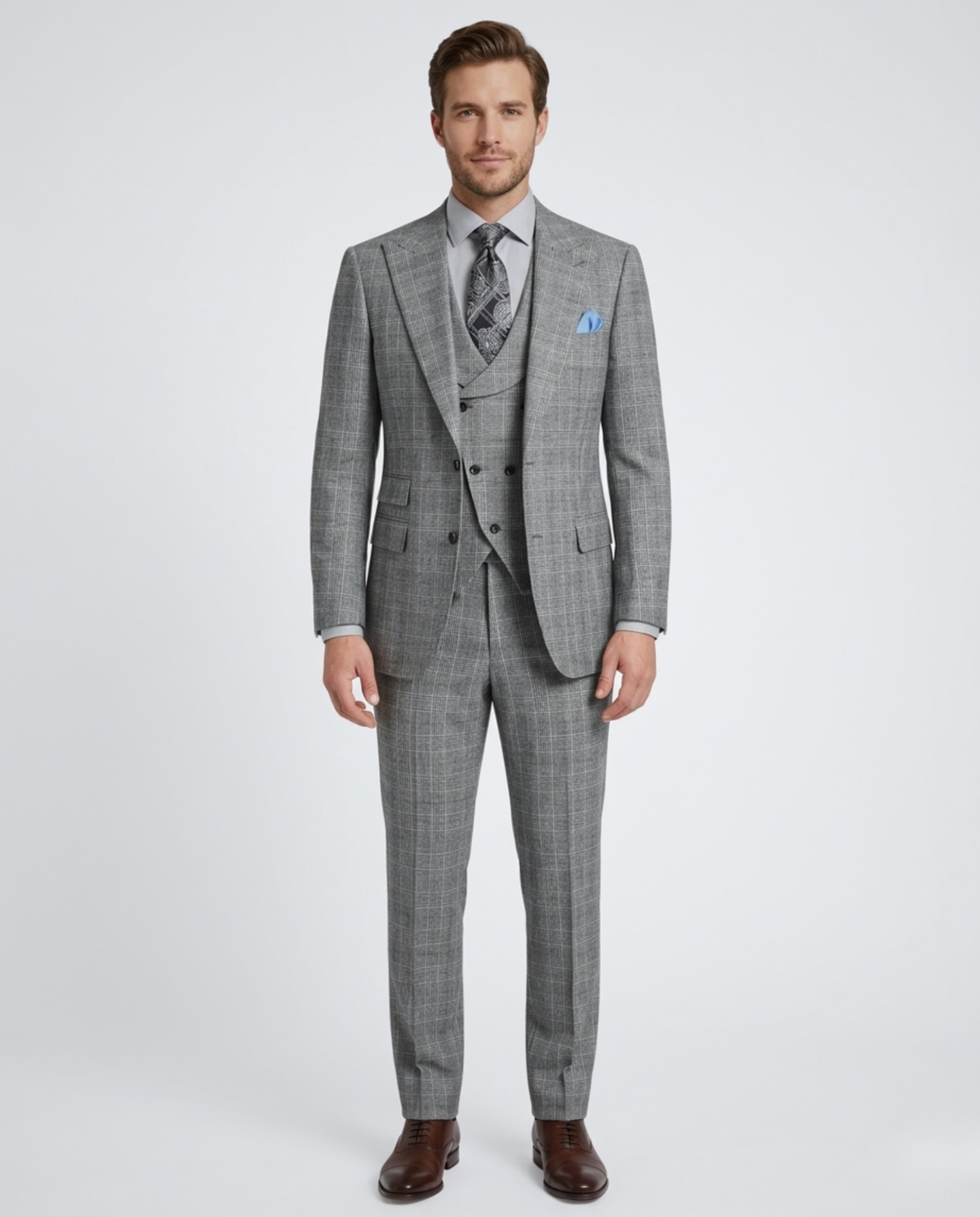 Men's Classic Fit Gray Plaid 3-Piece Wool Suit Peak Lapels