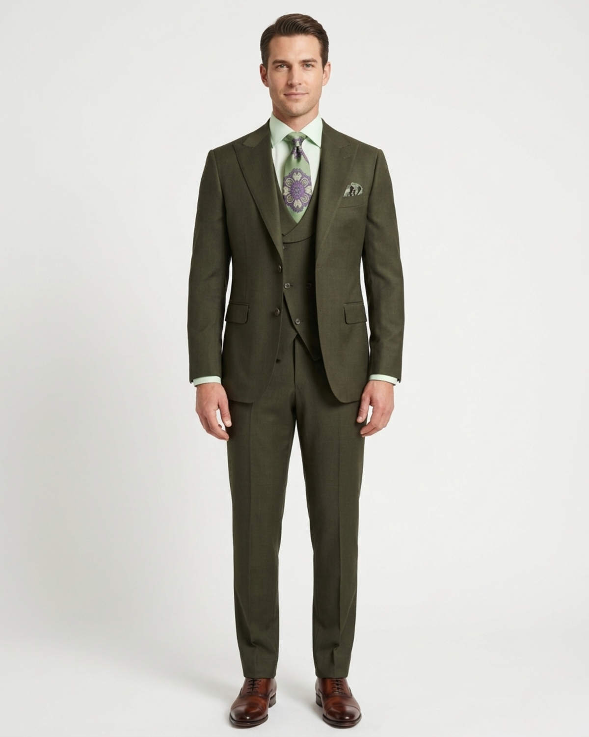Men's Olive Green Regular Fit Wool 3-Piece Suit Peak Lapels
