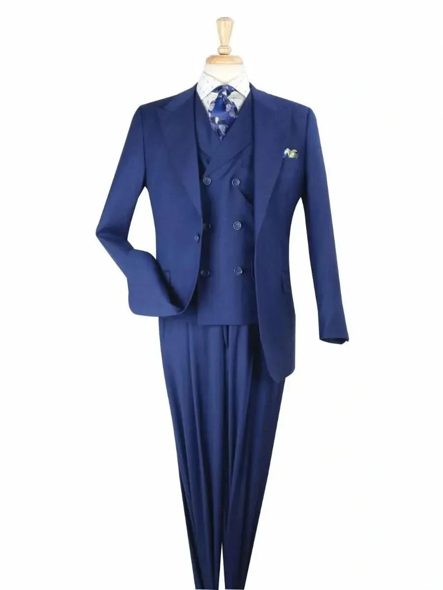 Men's Solid Blue Wool Classic Fit 3-Piece Pleated Suit Peak Lapels – view 2