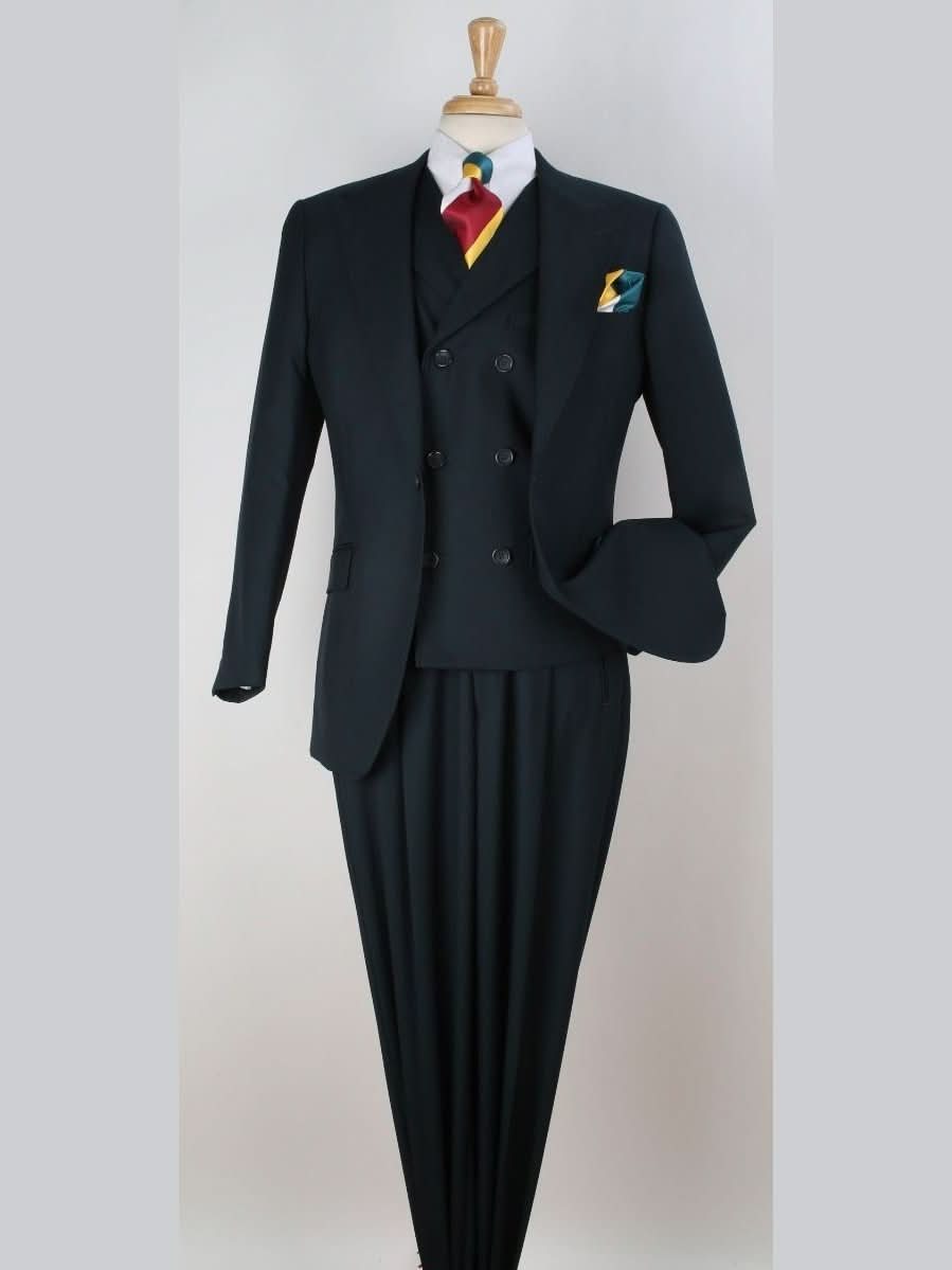 Men's Solid Green Wool Classic Fit 3-Piece Suit Peak Lapels – view 2