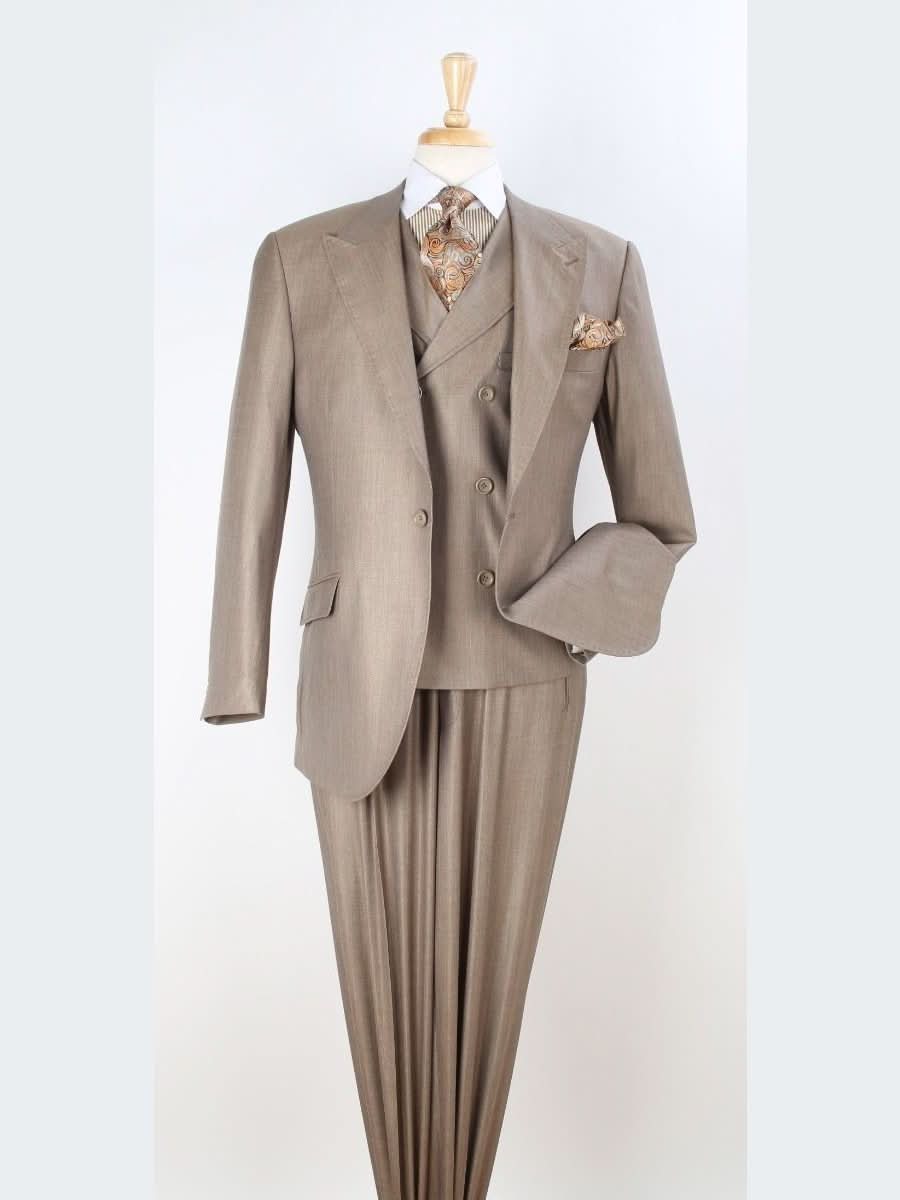 Men's Classic Fit Tan Wool 3-Piece Pleated Suit Peak Lapels – view 2