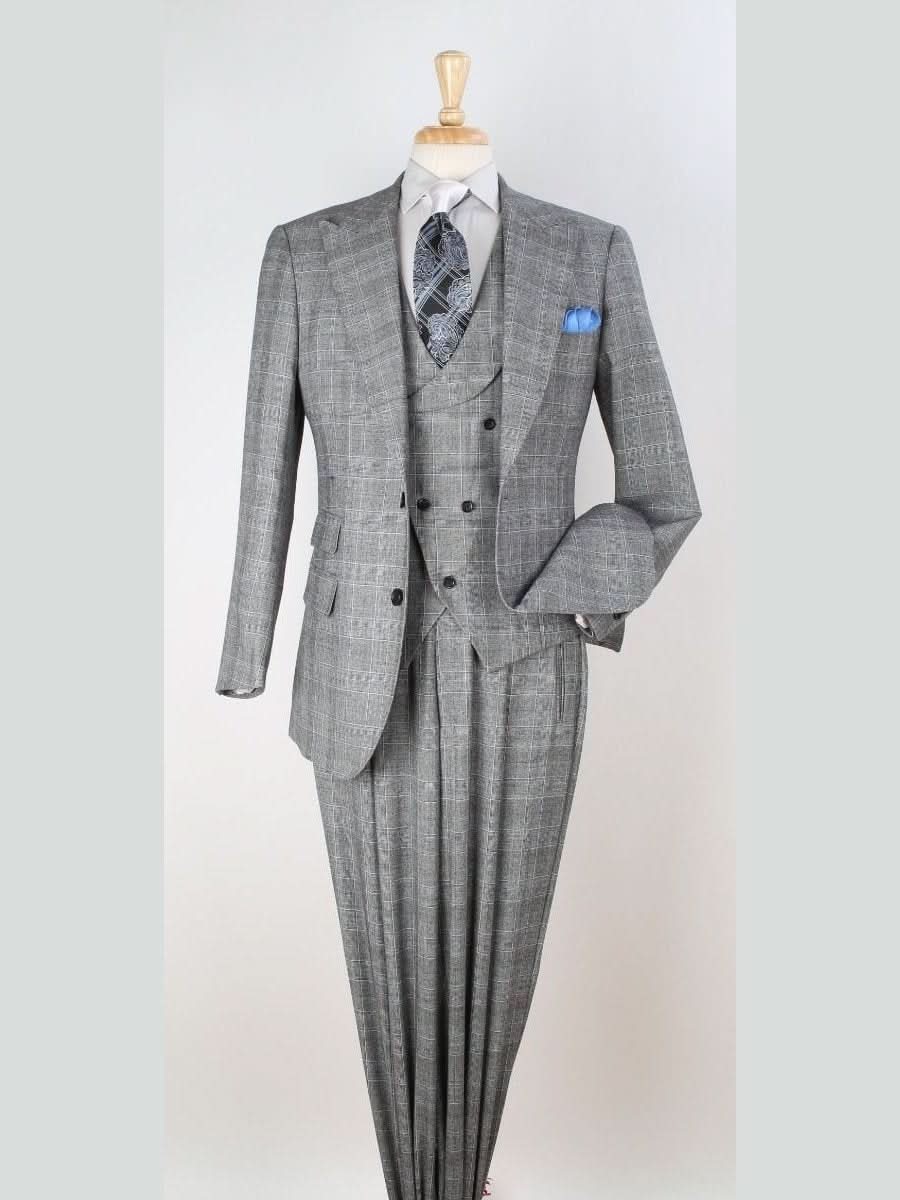 Men's Classic Fit Gray Plaid 3-Piece Wool Suit Peak Lapels – view 2