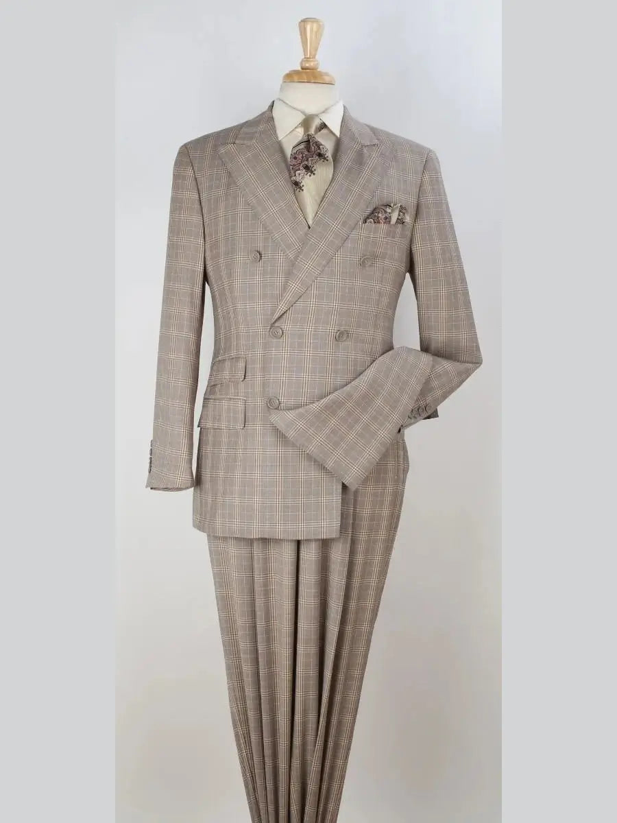 Men's Brown Plaid Classic Fit Wool Double Breasted 3-Piece Suit – view 2