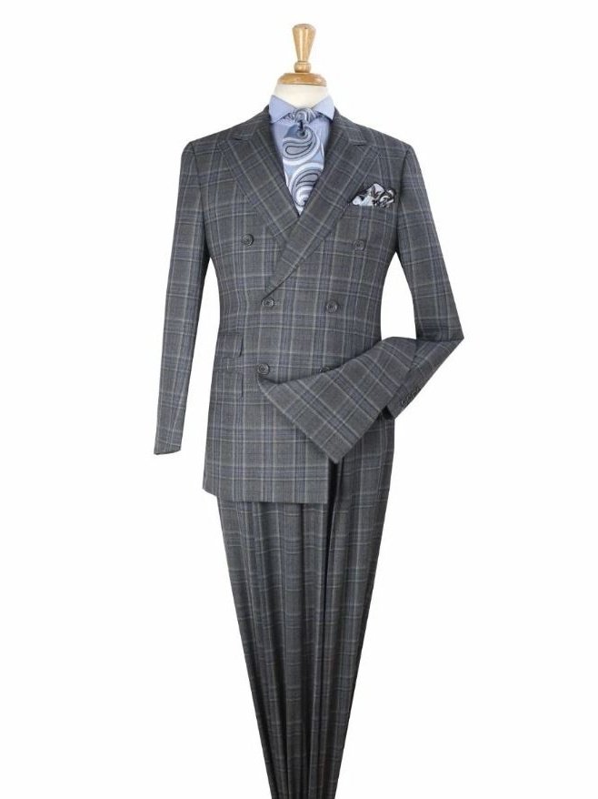 Men's Gray Plaid Classic Fit Wool Double Breasted 3-Piece Suit – view 2